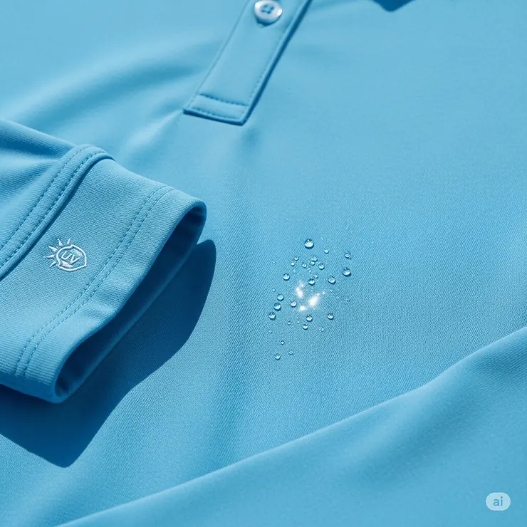 Close-up of a long sleeve golf shirt, highlighting its moisture-wicking and UV protection features.