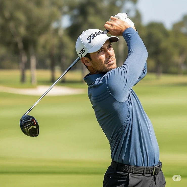 An image showing a man's full range of motion while swinging a golf club, demonstrating the comfortable and flexible fit of a long sleeve golf shirt.