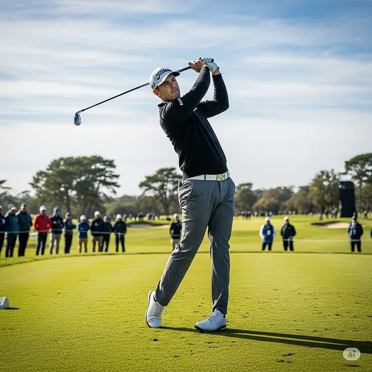 A professional golfer wearing a black long sleeve golf shirt during a tournament.