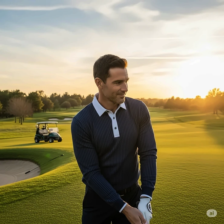 A man in a moisture-wicking long sleeve golf shirt is teeing off, demonstrating the shirt's athletic fit and sun protection.