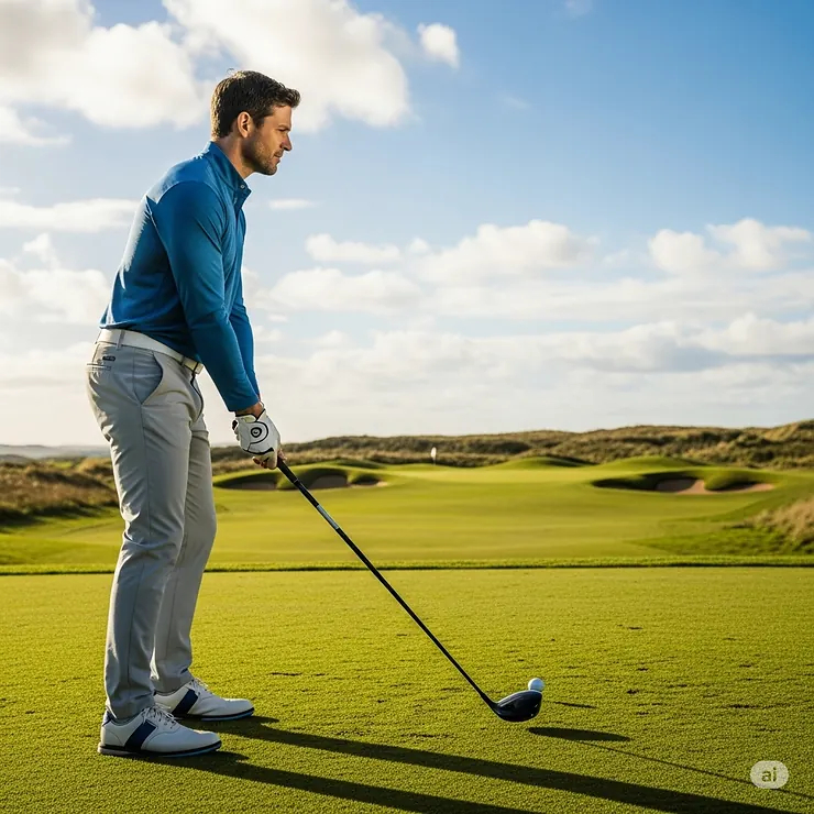 A man wearing a stylish blue long sleeve golf shirt, standing on a sunny golf course, ready to tee off.