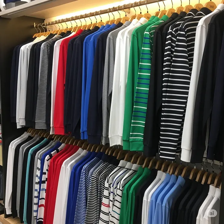 A collection of long sleeve golf shirts in various colors and styles, including striped and solid designs.