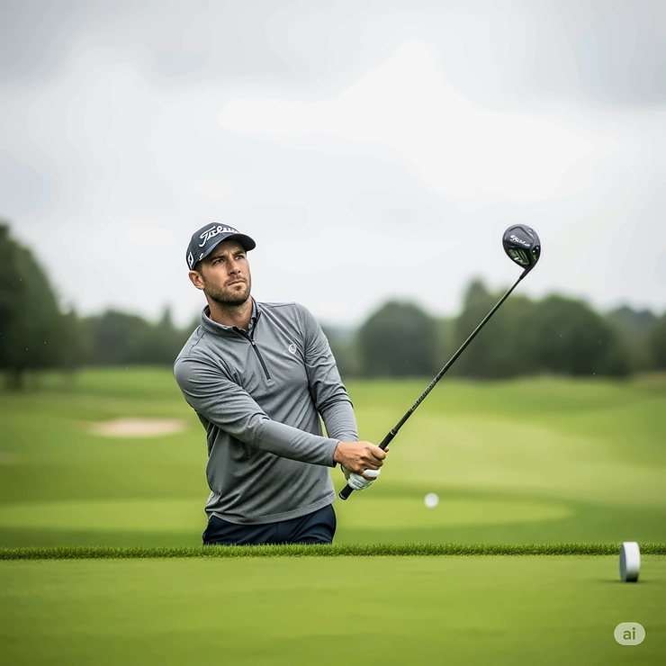 A golfer wearing a warm long sleeve golf shirt on a cooler, overcast day, ideal for all seasons.