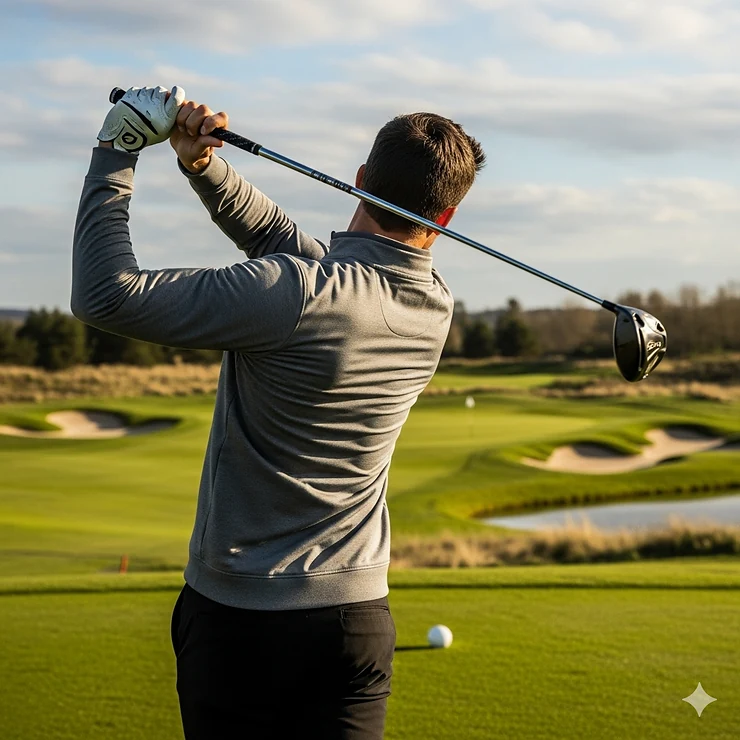 A golfer in a grey men's golf sweatshirt, mid-swing, showcasing the garment's flexibility and fit during the golf swing.