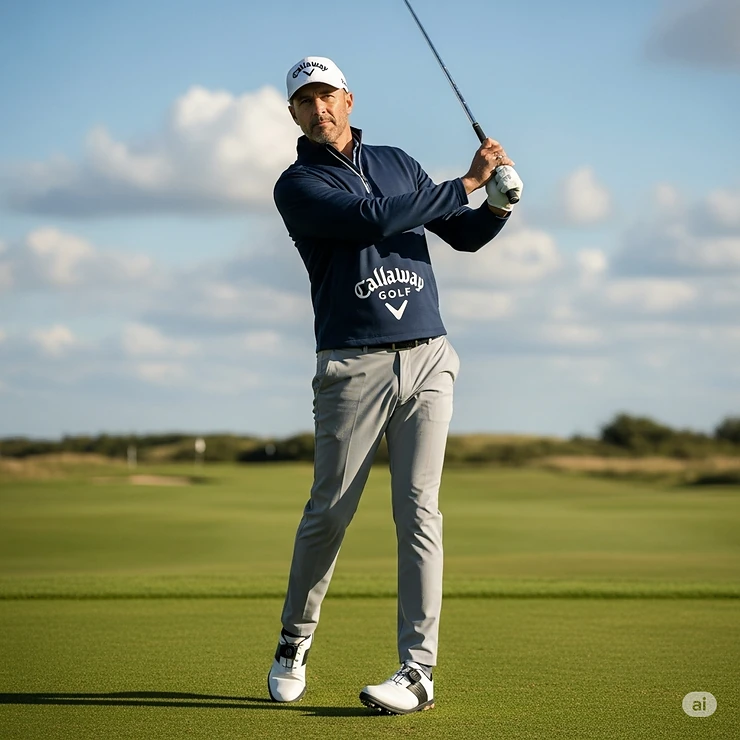 A full-body shot of a man wearing a Callaway golf quarter zip jacket with golf pants and shoes.