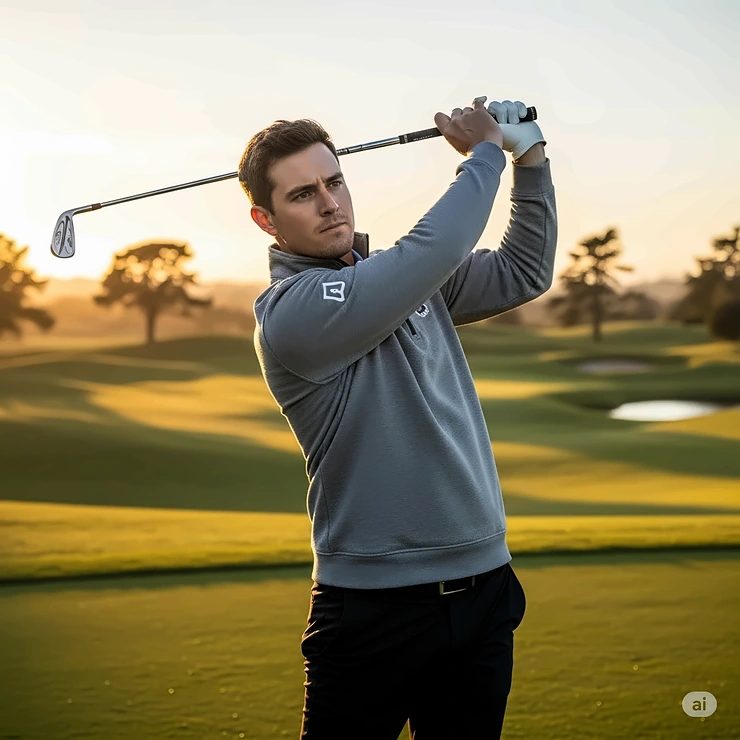 A male golfer wearing a comfortable, stylish men's golf sweatshirt while taking a swing.