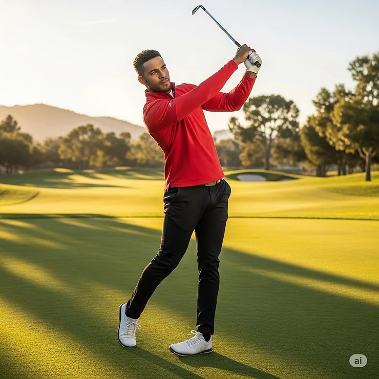 An athletic golfer in a red quarter-zip demonstrating the garment's flexible, full range of motion.