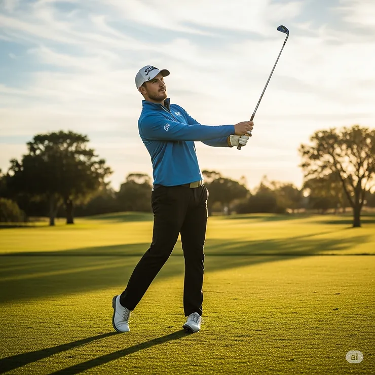 A male golfer wearing a performance blue quarter-zip, swinging a club on the green.