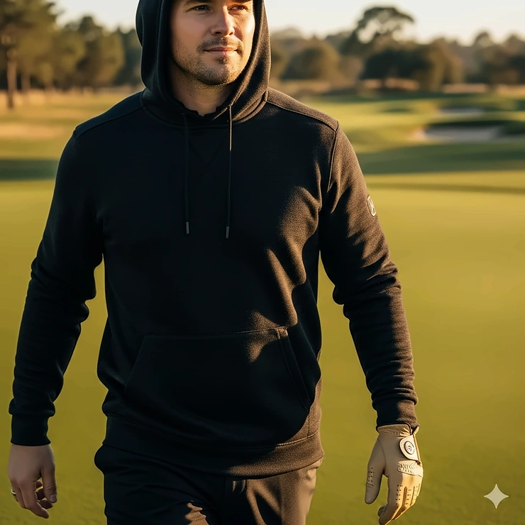 Close-up of a man in a black hooded golf sweatshirt walking on a fairway, highlighting the casual style suitable for the golf course.