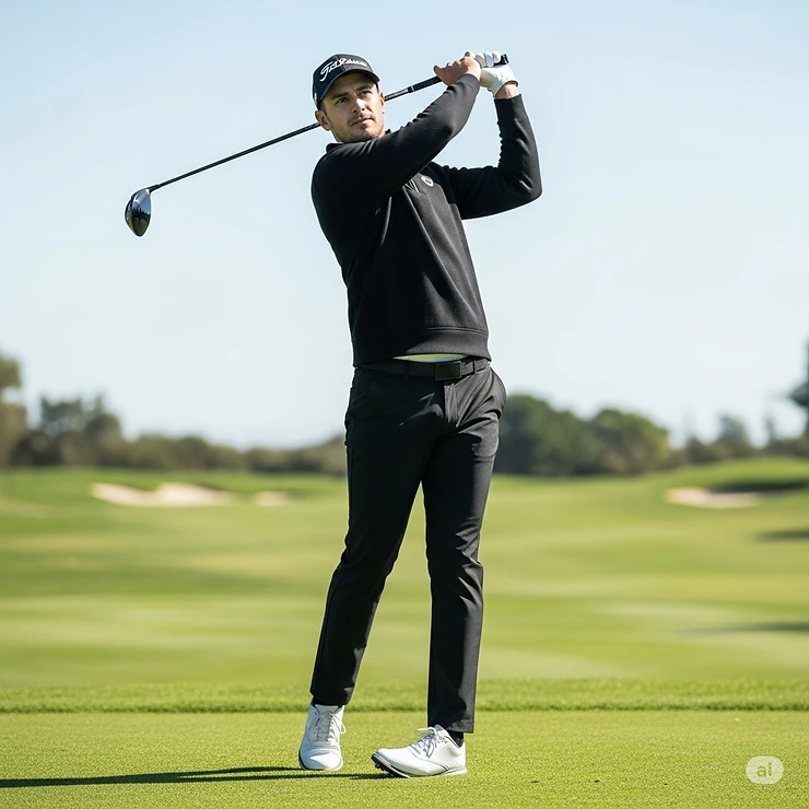 Full-length shot of a golfer in a black pullover, demonstrating a comfortable, non-restrictive fit ideal for a golf swing.