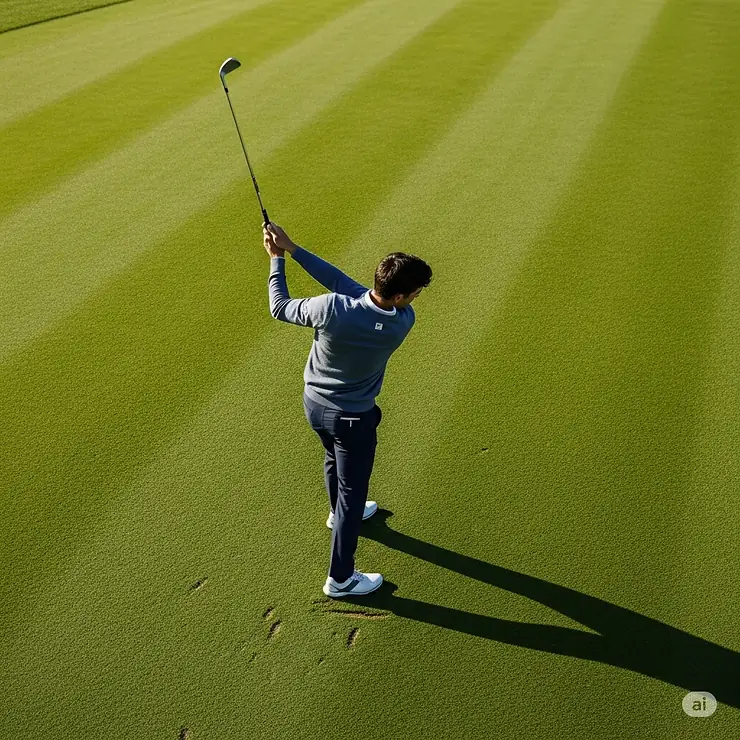 An overhead view of a male golfer wearing a golf pullover, captured in mid-swing.