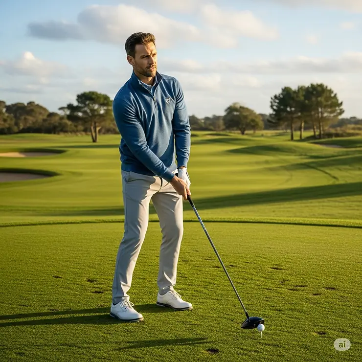 A man wearing a stylish blue quarter-zip pullover on a golf course, ready to swing his club. mens golf pullover