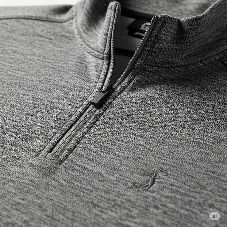 Close-up of a men's golf quarter-zip pullover in heather gray, showing the textured fabric.