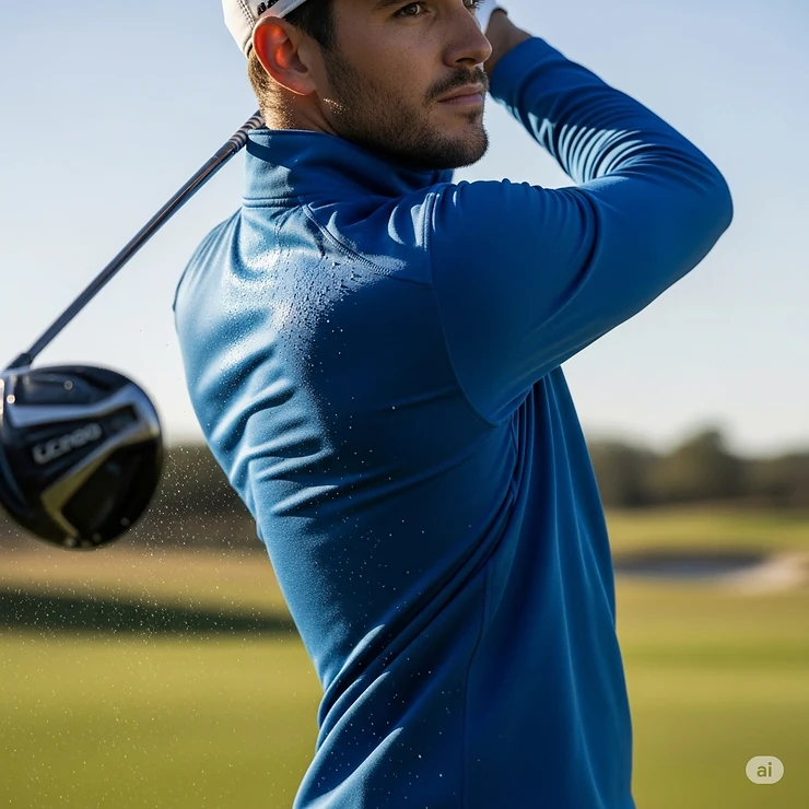 An image of a men's golf quarter zip, highlighting its moisture-wicking properties and athletic fit.