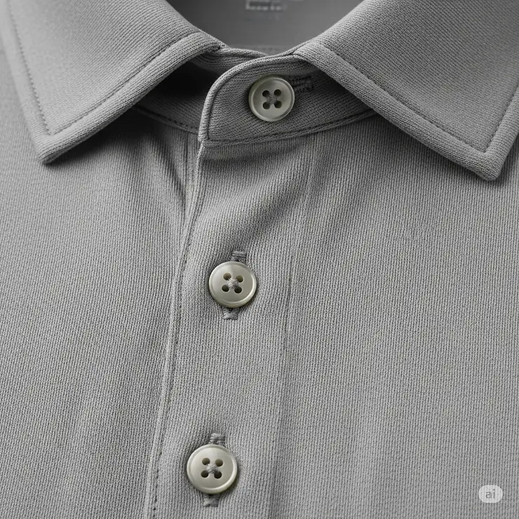 Close-up of the collar and button placket of a men's long sleeve golf polo shirt, highlighting the fabric texture and quality stitching.