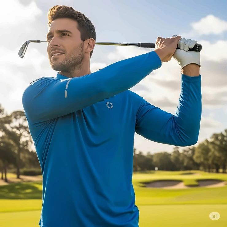 A male golfer showcasing the comfortable, athletic fit of a performance long sleeve golf shirt.