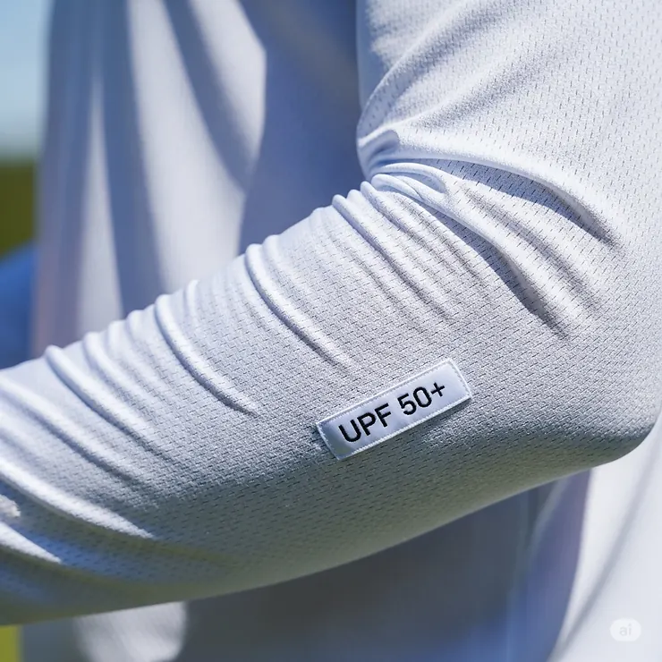 Close-up of a man's long sleeve sun protection golf shirt sleeve, showing the UPF 50+ rating tag and breathable material.