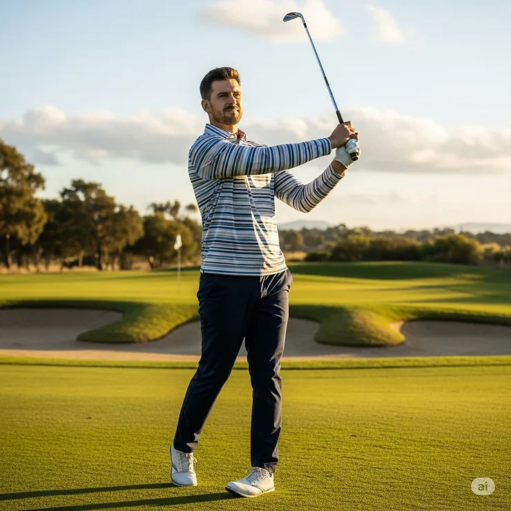 A man wearing a stylish striped long sleeve golf shirt, showcasing a fashionable and modern design for the golf course.