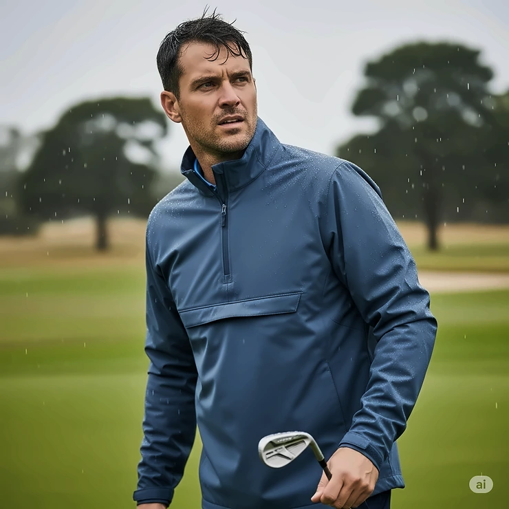 A man in a waterproof men's golf pullover standing in light rain, highlighting its protective features.