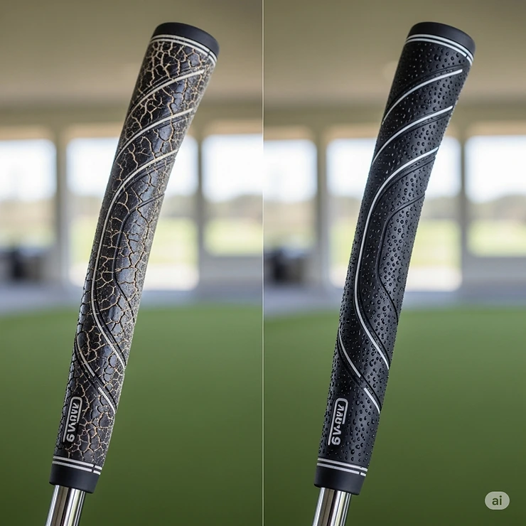 A side-by-side comparison illustrating the difference between a worn-out, old golf grip and a new one installed with golf grip solvent.