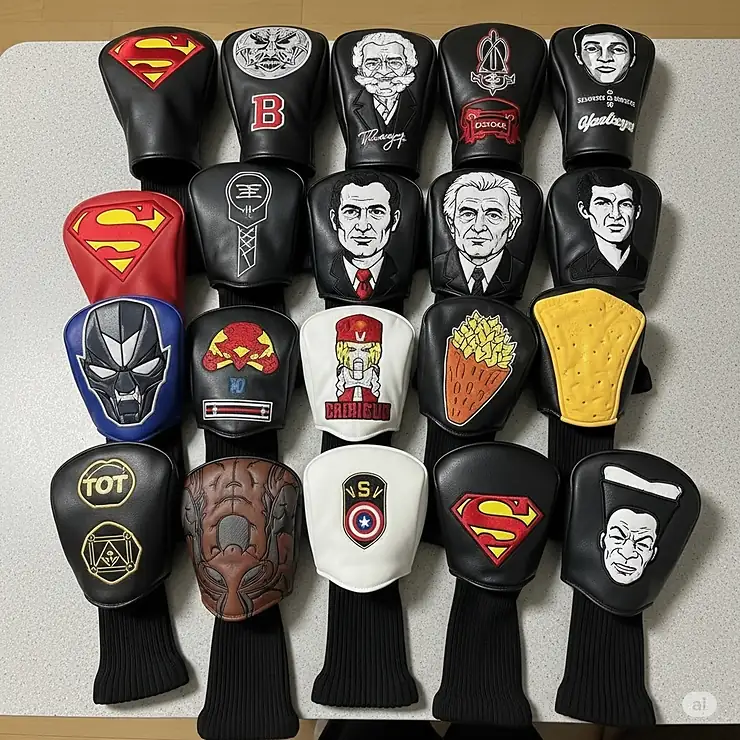 A range of novelty golf head covers, including designs of superheroes, historical figures, and food items, arranged neatly on a table.