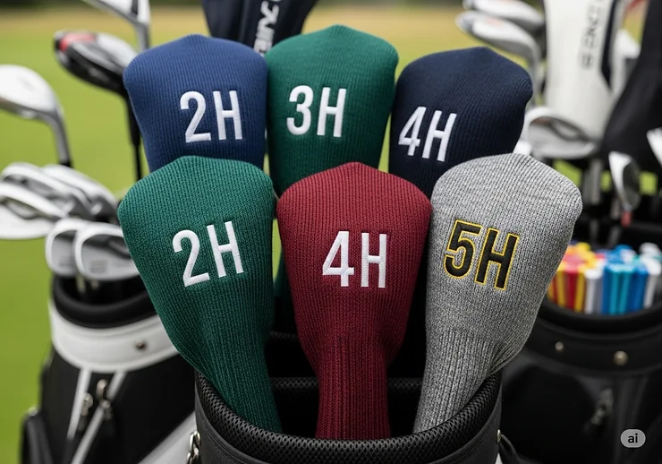 Knit hybrid golf head covers featuring clear, embroidered numbers for easy club identification in the golf bag.