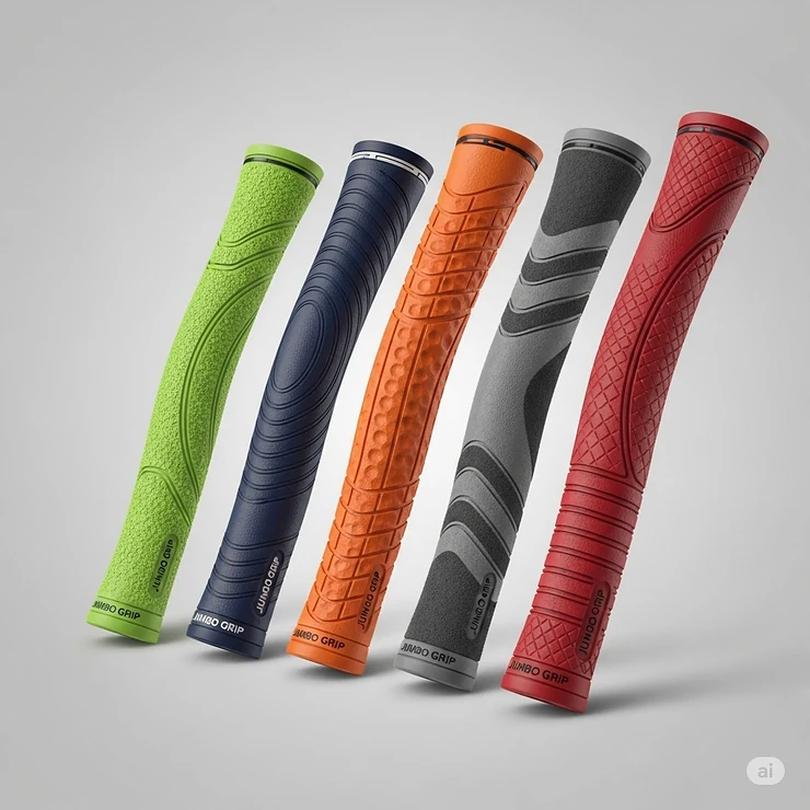 A product lineup showcasing a variety of oversize jumbo golf grips in different colors and textures, highlighting the options available to golfers.