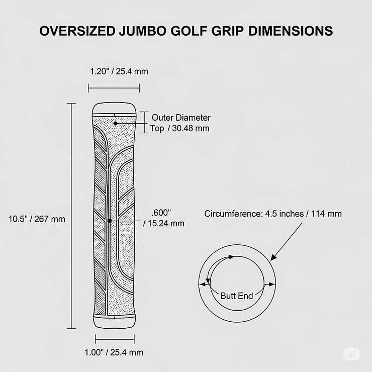 A technical graphic showing the dimensions and circumference of an oversize jumbo golf grip to help customers understand the exact sizing.