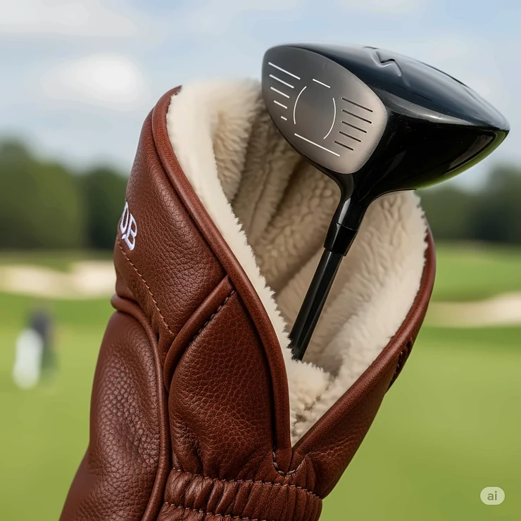 A picture of a premium leather golf headcover with a soft, fleece-lined interior, emphasizing the protection it provides to the driver.