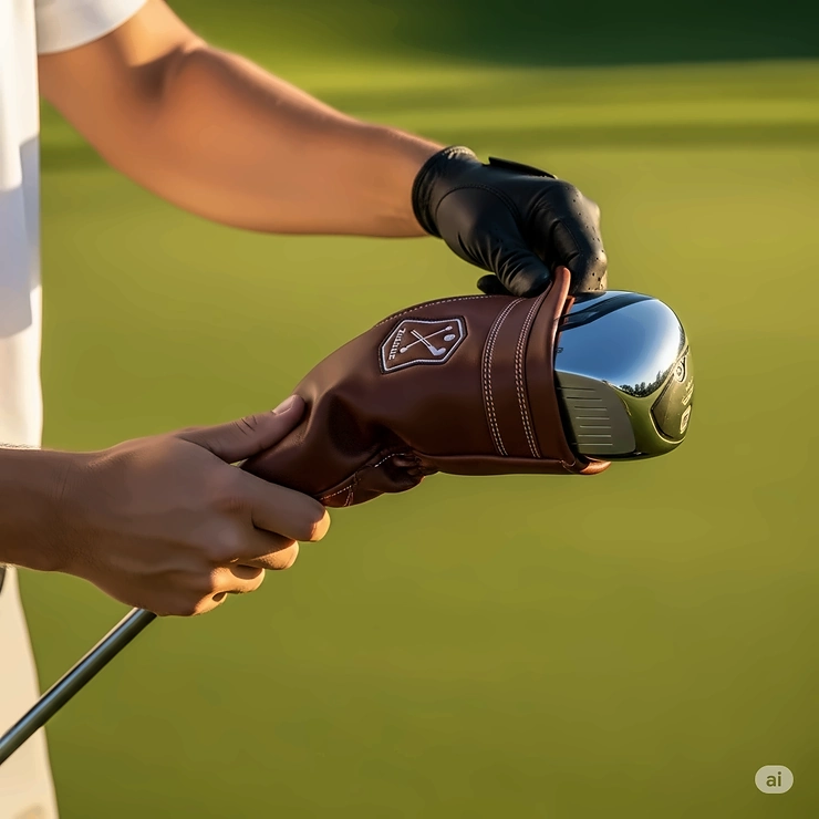 A golfer placing a durable leather headcover on their driver to protect the club from scratches and dings.
