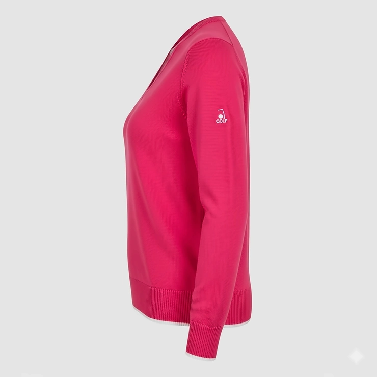 A side view of a women's pullover golf sweater in a vibrant pink color.