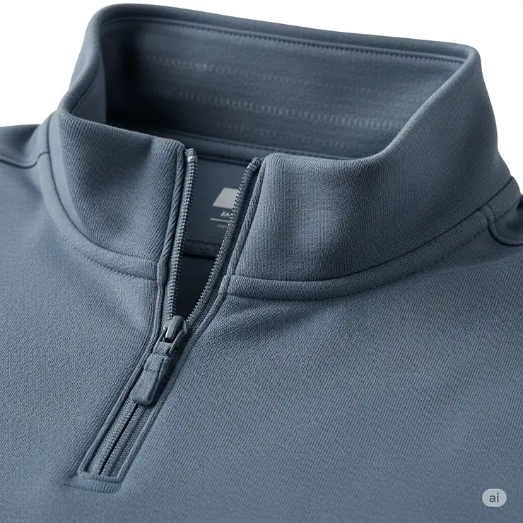 A close-up of a quarter-zip golf sweatshirt with moisture-wicking technology and a soft collar.
