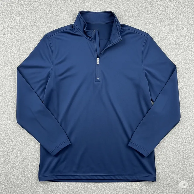 A men's quarter-zip long sleeve golf shirt laid flat, highlighting the zipper detail and versatile style for layering.