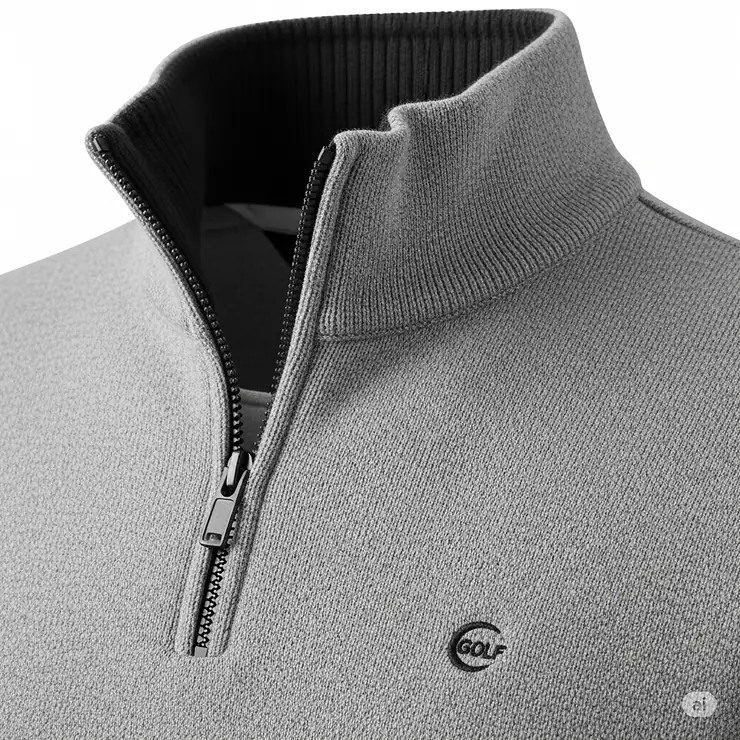 A detailed view of a quarter-zip golf sweater, emphasizing the collar and zipper functionality perfect for easy layering and temperature control.