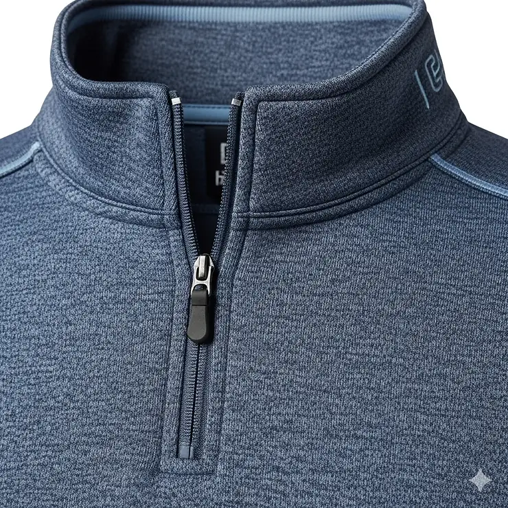 A detailed shot of a quarter-zip men's golf sweatshirt, showing the textured fabric and zippered neckline.