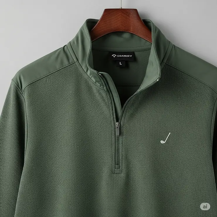A clear shot of a golf quarter zip on a hanger, highlighting its texture and design details.