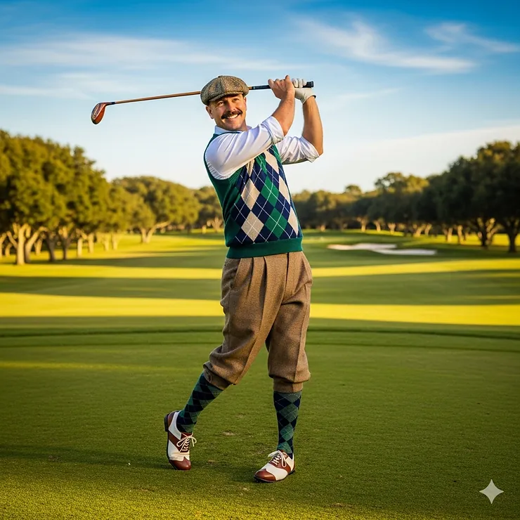 A man in a vintage-inspired argyle sweater and plus fours is swinging a golf club on a lush green golf course.