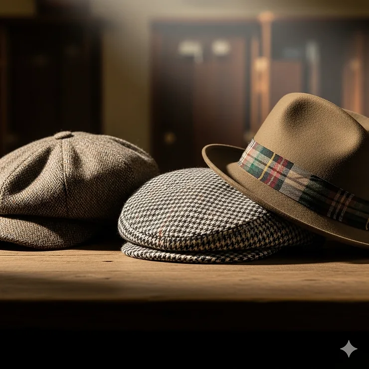 A collection of vintage golf hats including a newsboy cap, a flat cap, and a fedora, showcasing different retro golf headwear styles.