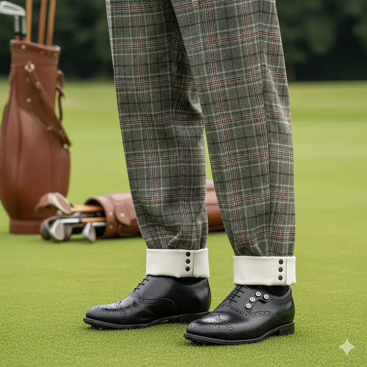 A close-up shot of a man's legs wearing classic plaid trousers and white spats, showing the typical retro golf clothes of the early 20th century.