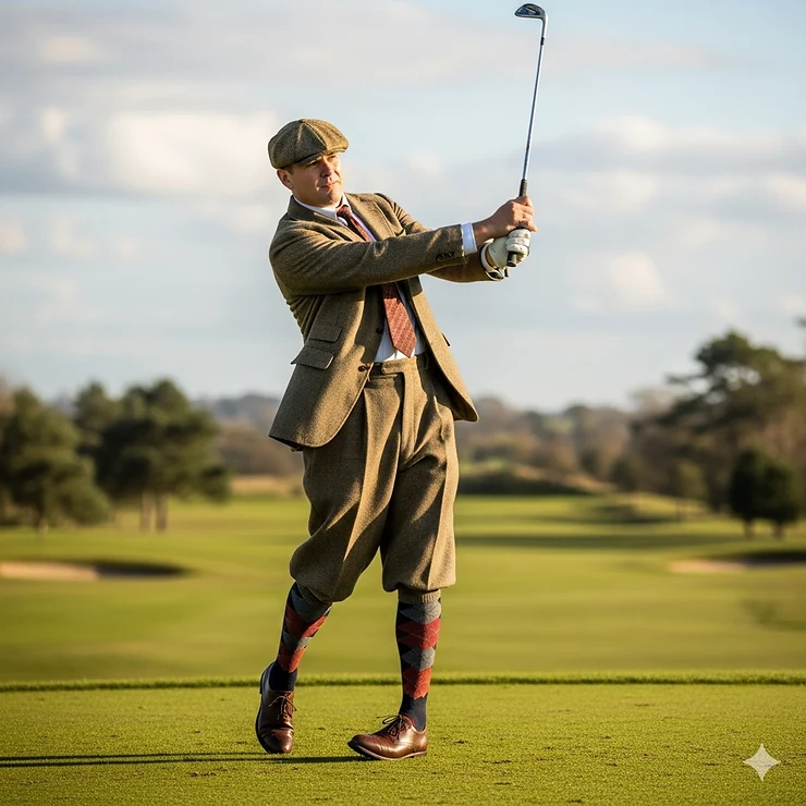 A full-body shot of a golfer wearing plus fours, knee-high socks, and brogues, iconic components of retro golf clothes.