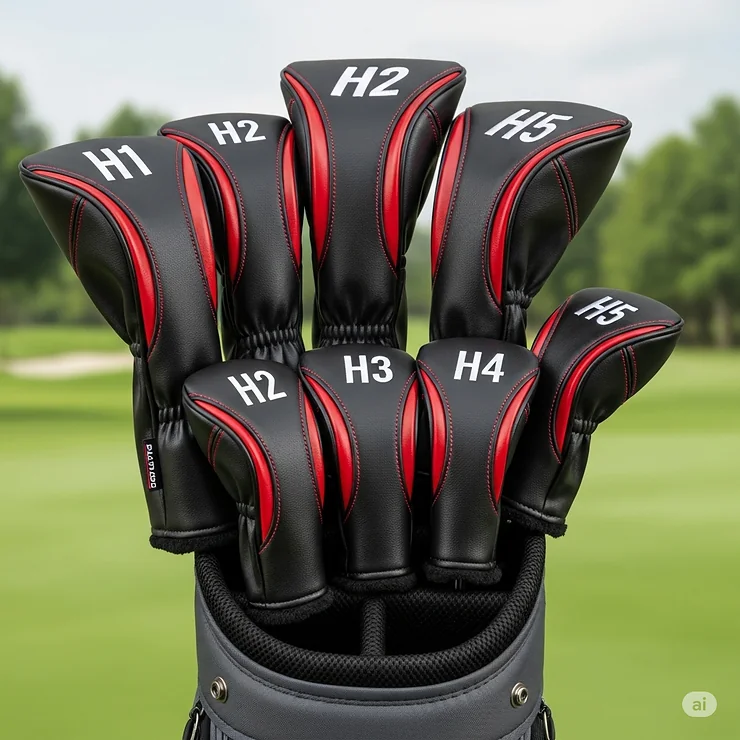 A set of five matching hybrid golf head covers, neatly arranged to showcase their cohesive design. The black synthetic leather covers have contrasting red stitching and white embroidered numbers, illustrating how a collection can enhance a golfer's bag.