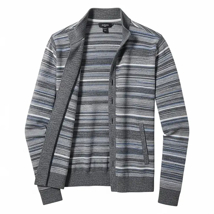 A full-length photo of a golf sweater with a subtle stripe pattern, showcasing a more fashionable and contemporary style of golf apparel.