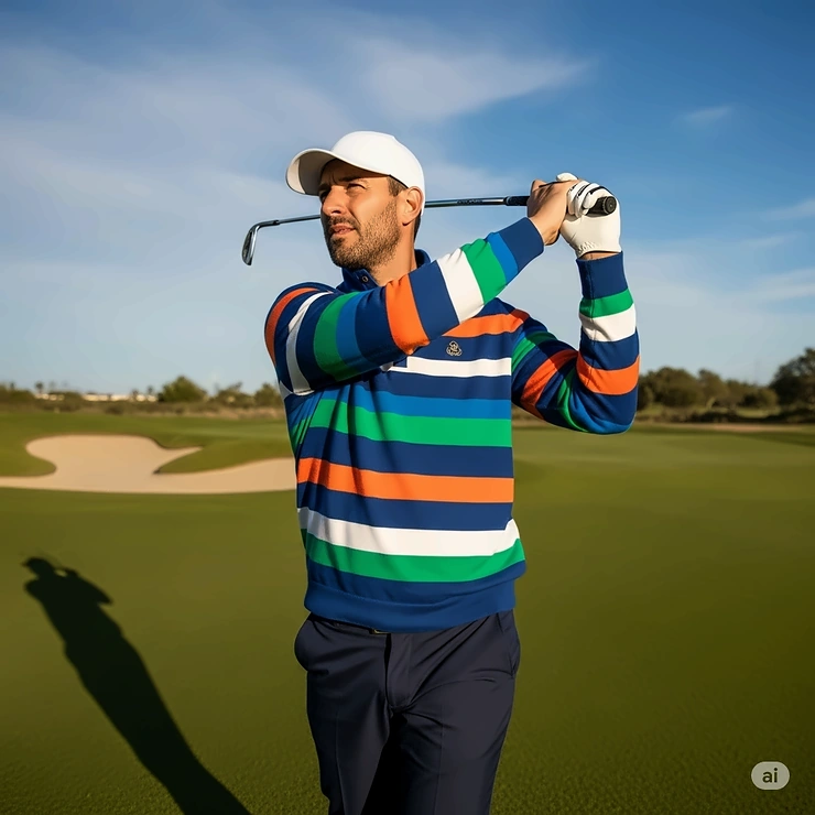 A vibrant striped men's golf pullover, showcasing a fashionable and colorful design.