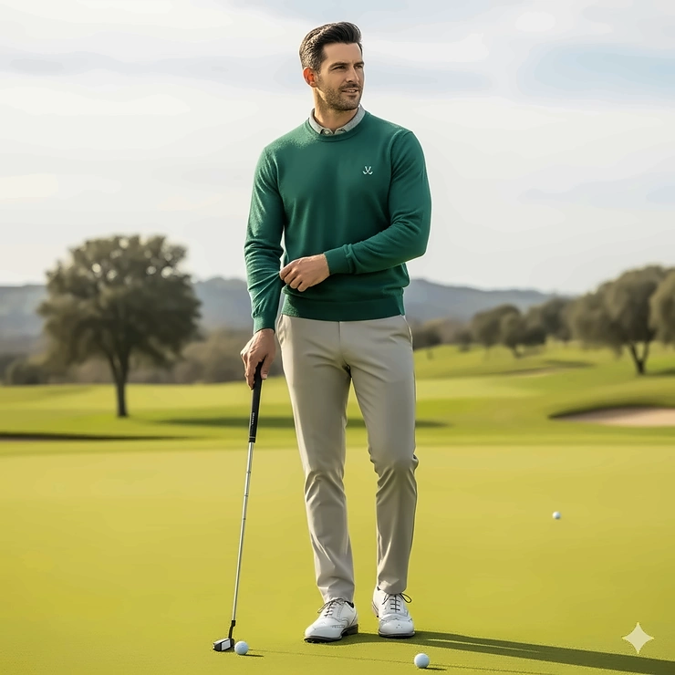A golfer in a sleek, modern crewneck golf sweatshirt, posing on the putting green, emphasizing a classic and stylish look.