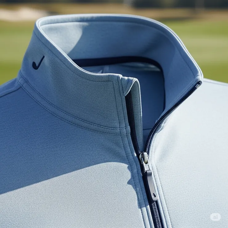 Detailed shot of the collar and quarter-zip on a long sleeve sun protection golf shirt, emphasizing its stylish and functional design.