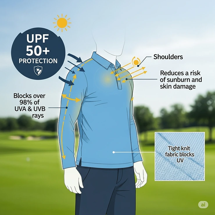 An infographic illustrating how a long sleeve golf shirt provides UPF sun protection for the arms and shoulders.