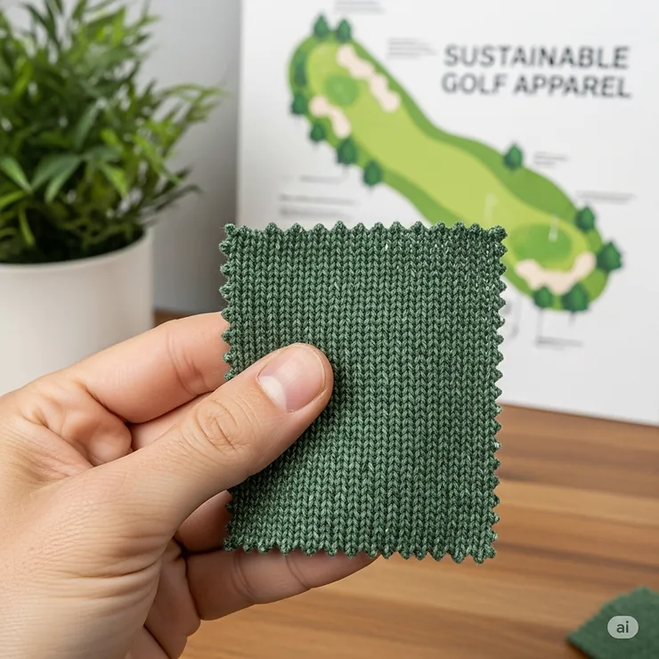 A hand holding a swatch of fabric, illustrating the eco-friendly and sustainable materials used to produce modern golf sweaters.