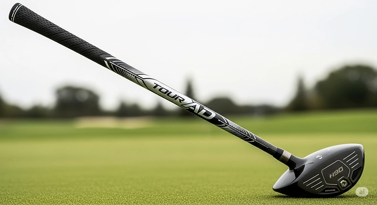 A close-up of a golfer holding a driver featuring a graphite Tour AD golf shaft, showcasing its premium quality and design.