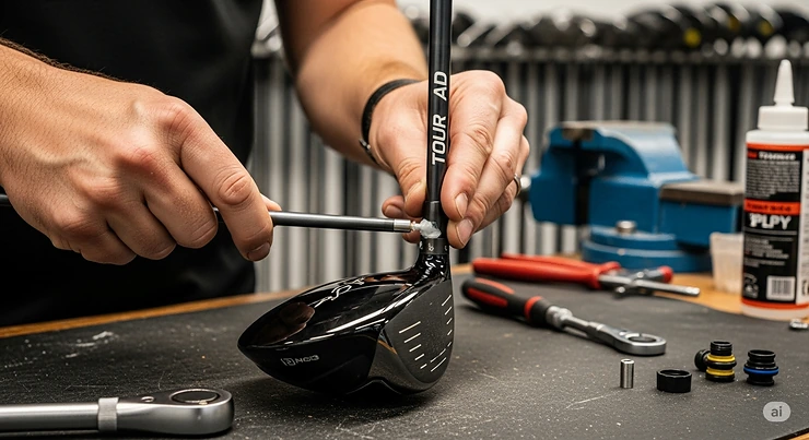 An image of a golf club fitter installing a new Tour AD shaft onto a driver head.