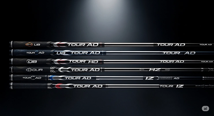 A visual lineup of various Tour AD golf shaft models, including the UB, HD, and IZ, helping golfers compare options.